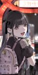  1girl :d absurdres arch ashita_watashi_wa_dareka_no_kanojo backpack bag bendy_straw black_hair black_ribbon blunt_bangs blurry blurry_background can city city_lights drink_can drinking_straw ear_piercing earrings energy_drink hair_ribbon hand_up heart heart_earrings highres holding holding_can jewelry jirai_kei kani_samurai long_hair looking_at_viewer looking_back night open_mouth piercing pink_bag purple_eyes ribbon road sidelocks smile solo street strong_zero takahashi_yua tongue_piercing twintails upper_body 