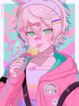  1boy bandaid bandaid_on_face bandaid_on_hand bandaid_on_nose bennett_(genshin_impact) blonde_hair candy choker collar food genshin_impact green_eyes hair_between_eyes hair_ornament hairband holding holding_candy holding_food holding_lollipop hood hoodie jacket lollipop long_sleeves male_focus meshi_kue_yo pink_hoodie pink_jacket razor_(genshin_impact) short_hair smile solo thumbs_up tongue tongue_out white_hairband x_hair_ornament 