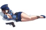  1girl arms_behind_back bdsm blue_eyes bondage bound breasts brown_hair cleavage curvy female full_body gag gagged gun handgun hands_behind_back hat jill_valentine karosu-maker large_breasts lying on_side police police_uniform policewoman resident_evil rope short_hair simple_background skirt solo tape_gag tied_up uniform weapon wide_hips 