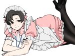  1boy apron black_eyes black_footwear black_hair black_pantyhose blue_archive blue_archive_the_animation bow bowtie crossdressing dress english_commentary hair_ribbon hand_on_own_arm high_heels highres kyou_(ningiou) looking_at_viewer lying maid maid_apron maid_headdress male_focus pantyhose pink_bow pink_bowtie pink_dress pink_ribbon puffy_short_sleeves puffy_sleeves ribbon sensei_(blue_archive) sensei_(blue_archive_the_animation) short_hair short_sleeves simple_background smile solo striped_bow striped_bowtie striped_clothes voice_actor_connection white_background 