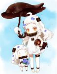  ahoge bouquet chibi dress dual_persona flower holding horns kantai_collection kobone long_hair mittens multiple_girls northern_ocean_hime orange_eyes shinkaisei-kan teruterubouzu umbrella white_dress white_hair white_skin |_| 