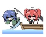  ... 2girls artist_name blue_eyes blue_hair bright_pupils commentary drill_hair drill_sidelocks english_commentary fins fishing_rod flying_sweatdrops green_kimono hair_bobbles hair_ornament head_fins highres japanese_clothes kimono mermaid monster_girl multiple_girls onozuka_komachi red_eyes red_hair scythe sidelocks touhou two_side_up wakasagihime watercraft white_background white_pupils yoriyori 