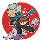  2boys bag blue_scarf blush border brown_hair carrying carrying_under_arm chibi closed_mouth cloud domon_asuka full_body gakuran grey_hair ichinose_kazuya inazuma_eleven inazuma_eleven_(series) kotorai male_focus multiple_boys open_mouth round_border scarf school_uniform short_hair size_difference solid_oval_eyes 