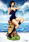  black_footwear black_hair boots breasts cleavage cloud day dwarf eyewear_on_head high_heel_boots high_heels huge_breasts iury_padilha knee_boots leo_(one_piece) long_hair looking_at_viewer miniboy nico_robin one_piece shiny shiny_skin smile sunglasses water 
