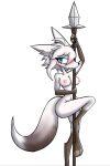 2024 anthro atlus blue-01 blue_eyes blush breasts canid canine canis dancing digital_media_(artwork) dinah_(unicorn_overlord) female fennec_fox fox fur hair hi_res holding_object holding_weapon mammal melee_weapon navel nipples nude pole pole_dancing polearm sega simple_background solo spear tail true_fox unicorn_overlord vanillaware weapon white_body white_fur white_hair