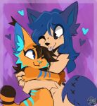 abstract_background anthro arm_tuft blep blue_eyes blue_hair blue_inner_ear_fluff blue_markings brown_hair canid cheek_tuft chevy_dahl closed_smile duo elbow_tuft enviousgrey facial_tuft felid feline female fur glistening glistening_eyes hair hi_res hug inner_ear_fluff long_hair lynx male mammal markings mouth_closed nude one_eye_closed orange_body orange_fur rose_puppies shoulder_tuft smile striped_arms striped_markings striped_tail stripes tail tail_markings tan_body tan_fur tongue tongue_out tuft