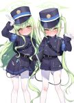  2girls absurdres belt black_belt black_hat black_shirt black_skirt black_tail blue_archive blush closed_mouth demon_tail fang gloves green_hair green_halo halo hat highlander_sidelocks_conductor_(blue_archive) highlander_twintails_conductor_(blue_archive) highres ineka_ka long_hair long_sleeves looking_at_viewer multiple_girls open_mouth pantyhose peaked_cap pleated_skirt pointy_ears shirt simple_background skin_fang skirt smile tail tail_around_own_leg twintails white_background white_gloves white_pantyhose yellow_eyes 
