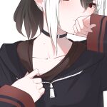  1girl black_hair black_jacket blue_archive blush closed_mouth exiadoon hair_between_eyes highres hood hood_down hooded_jacket jacket kayoko_(blue_archive) long_hair long_sleeves multicolored_hair red_eyes simple_background solo upper_body white_background white_hair 