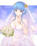  absurdres blue_hair bouquet braid breasts bridal_veil brown_eyes commission crown_braid dress english_commentary fire_emblem fire_emblem:_three_houses highres holding holding_bouquet jewelry large_breasts marianne_von_edmund ring truejekart veil wedding_dress wedding_ring 