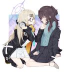  2girls aqua_necktie black_coat black_jacket black_skirt blue_archive blush braid brown_hair closed_mouth coat female_sensei_(blue_archive) finger_to_another&#039;s_mouth glasses grey_hair hair_ornament hairclip halo headphones headphones_around_neck highres jacket kotama_(blue_archive) long_hair long_sleeves multiple_girls necktie off_shoulder open_clothes open_coat open_jacket parted_lips purple_eyes red_eyes sensei_(blue_archive) senta_(ysk_0218) side_braid simple_background sitting skirt sweat sweater white_skirt yuri 