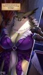 anthro avian beak big_breasts bird breasts claws cleavage clothed clothing dialogue eyewear feathers female front_view glasses green_body green_feathers hi_res huge_breasts ocaritna owl ramona_(unicorn_overlord) round_glasses solo text_box thick_thighs unicorn_overlord vanillaware