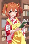  1girl :d apron bell blush book checkered_clothes checkered_kimono commentary_request cowboy_shot forbidden_scrollery holding holding_book japanese_clothes jingle_bell kimono library motoori_kosuzu nekokawa_isugi open_mouth orange_eyes orange_hair red_kimono romaji_text sketch smile solo touhou twintails two_side_up white_kimono yellow_apron 