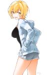  1girl black_camisole blonde_hair blush breasts camisole dolphin_shorts hands_in_pockets highres hood hoodie looking_at_viewer medium_breasts open_clothes open_hoodie original short_hair shorts simple_background smile solo susukumo_nagi white_background yellow_eyes 