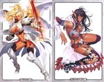  angel angel_wings arshes_nei artist_request bastard!! black_hair blonde_hair breasts brown_hair dark_skin large_breasts legs long_hair long_legs looking_at_viewer looking_back michael_(bastard!!) multiple_girls official_art open_mouth pointy_ears smile sword thighs weapon white_background wings 
