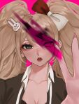  1girl absurdres black_eyes black_shirt blood collarbone collared_shirt cosplay danganronpa:_trigger_happy_havoc danganronpa_(series) enoshima_junko enoshima_junko_(cosplay) fingernails freckles hair_ornament highres ikusaba_mukuro long_hair mi_loveyouuu pink_background pink_blood rabbit_hair_ornament sharp_fingernails shirt simple_background solo teeth twintails 