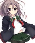  amano_kouki black_legwear brown_hair cosplay crescent green_skirt highres kantai_collection long_sleeves mutsuki_(kantai_collection) mutsuki_(kantai_collection)_(cosplay) navel neckerchief pantyhose pleated_skirt remodel_(kantai_collection) revision school_uniform serafuku short_hair skirt sleeves_past_wrists smile solo zuihou_(kantai_collection) 