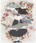  1girl anemone_(flower) black_dress black_eyes black_footwear black_hair bubble closed_mouth colored_skin commentary_request dress fish flats flower full_body ginkou_(atmzh) head_wreath koi light_blush long_hair long_skirt original polka_dot polka_dot_dress profile red_flower short_sleeves sideways_glance skirt solo standing white_skin yellow_flower 