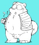 2024 4_toes absurd_res anthro bear belly beverage biped blue_background bodily_fluids clothed clothing coffee feet gayousi7 hi_res kemono mammal mug navel overweight simple_background solo sweat toes tongue tongue_out