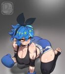  1girl ahoge all_fours aqua_hair ass bare_shoulders black_background black_bow black_choker black_hairband black_sports_bra blue_hair blue_pants blush bow boxing_gloves boxing_shorts breasts choker cleavage collarbone defeat dif_(difman) difman dyed_ahoge elbow_gloves exhausted feet frustrated gloves gradient_background grey_background hairband hanging_breasts large_breasts long_eyelashes looking_back midriff multicolored_hair nose_blush original pants plump shorts single_elbow_glove soles solo sports_bra spotlight sweat thick_thighs thighs toes two-tone_hair white_trim yellow_eyes 