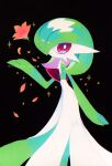  artist_name black_background bob_cut colored_skin dress falling_petals flower gardevoir gardevoir_day green_hair highres looking_at_viewer multicolored_skin petals pink_eyes pokemon pokemon_(creature) reira_(r-suoh) simple_background smile sparkle two-tone_skin white_dress white_skin 