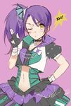  catchphrase fingerless_gloves gloves hand_on_hip kippu looking_at_viewer navel one_eye_closed pink_background pretty_(series) pripara purple_hair side_ponytail sketch solo toudou_shion yellow_eyes 