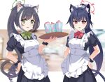  2girls alternate_costume alternate_hairstyle animal_ear_fluff animal_ears apron black_hair blue_archive blurry cat_ears cat_girl cat_tail commentary crossover cup depth_of_field drinking_glass english_commentary enmaided frilled_apron frills green_eyes hair_between_eyes halo hands_on_own_hips highres holding holding_tray karyl_(princess_connect!) long_hair looking_at_viewer maid maid_apron maid_headdress maxwelzy multicolored_hair multiple_girls parted_lips ponytail princess_connect! red_eyes serika_(blue_archive) short_sleeves sidelocks streaked_hair tail trait_connection tray two-tone_hair white_apron wrist_cuffs 