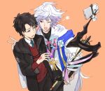  2boys ;d black_hair black_pants black_robe blue_eyes blue_necktie command_spell fate/grand_order fate_(series) fujimaru_ritsuka_(male) fujimaru_ritsuka_(male)_(mage&#039;s_association_uniform) holding holding_staff hooded_robe male_focus merlin_(fate) multiple_boys necktie one_eye_closed open_mouth orange_background pants purple_eyes red_sweater_vest robe selfie shironojiro short_hair simple_background smile staff sweater_vest white_hair white_robe 