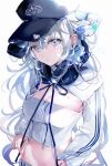  :o black_hat blue_headphones blue_string blue_stripes blush breasts bustier cleavage commentary_request earrings grey_eyes grey_hair hair_between_eyes hair_ornament hairclip hat_ornament headphones headphones_around_neck heart heart_earrings heart_hat_ornament highres holding holding_string jewelry long_hair long_sleeves medium_breasts mole mole_on_breast mole_under_eye navel original pointy_ears shia_job shrug_(clothing) sidelocks simple_background string string_tie thick_eyelashes very_long_hair white_background white_bustier white_shrug zipper_pull_tab 