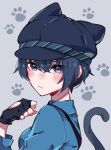  1girl absurdres animal_ears animal_hands blue_eyes blue_hair cabbie_hat cat_ears cat_paws cat_tail detective emi_star gloves grey_background hat highres persona persona_4 reverse_trap shirogane_naoto short_hair solo tail tomboy upper_body 