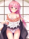  1girl :c ass_visible_through_thighs black_skirt blush bra breasts brown_eyes clothes_lift collarbone commentary_request commission cowboy_shot embarrassed floating_hair frown highres hiro_(725611) indoors kurama_koharu lifted_by_self long_hair panties pink_hair pixiv_commission senren_banka shiny_skin skirt skirt_lift small_breasts solo standing thigh_gap thighs underwear white_bra white_panties 