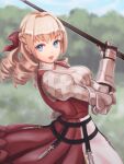  1girl :d black_gloves blonde_hair blue_eyes blurry blurry_background braid breasts dress drill_hair french_braid gauntlets gloves hair_intakes hair_ribbon highres holding holding_staff juliet_sleeves kawasumi_mahiro large_breasts long_hair long_sleeves open_mouth pinafore_dress puffy_sleeves red_dress red_ribbon ribbed_sweater ribbon scarlett_(unicorn_overlord) sleeveless sleeveless_dress smile solo staff sweater turtleneck turtleneck_sweater unicorn_overlord white_sweater 