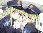  2girls black_hat black_shirt black_tail blue_archive blush demon_tail earrings fang gloves green_hair green_halo halo hat highlander_sidelocks_conductor_(blue_archive) highlander_twintails_conductor_(blue_archive) highres jewelry long_hair long_sleeves looking_at_viewer multiple_girls open_mouth peaked_cap pointy_ears shirt sidelocks skin_fang smile tail twintails usamimikurage white_gloves yellow_eyes 