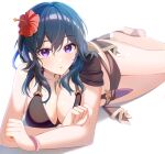  1girl bare_arms bare_shoulders bikini black_bikini blue_hair breasts byleth_(female)_(fire_emblem) byleth_(female)_(summer)_(fire_emblem) byleth_(fire_emblem) fire_emblem fire_emblem:_three_houses fire_emblem_heroes flower highres large_breasts long_hair looking_at_viewer official_alternate_costume parted_lips purple_eyes red_flower satoimo_chika simple_background solo swimsuit thighs white_background 