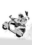  akatsuki_(kantai_collection) bangs blunt_bangs capelet commentary_request garter_straps glasses greyscale ground_vehicle hat highres kantai_collection long_hair makishima_azusa monochrome motor_vehicle multiple_girls pantyhose pince-nez roma_(kantai_collection) school_uniform scooter serafuku short_hair skirt thighhighs vespa 