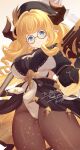  1girl blonde_hair blue_eyes book breasts cosplay draph glasses granblue_fantasy hat highres horns large_breasts leotard long_hair pantyhose pochi-a pointy_ears razia raziel_(granblue_fantasy) raziel_(granblue_fantasy)_(cosplay) thick_thighs thighs very_long_hair 