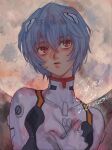  1girl absurdres ayanami_rei blue_hair bodysuit english_text full_moon hand_on_own_chest highres looking_afar matsuko_(mrimri3) moon neon_genesis_evangelion parted_lips plugsuit red_eyes short_hair solo upper_body white_bodysuit 