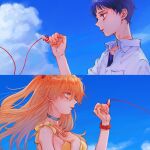  1boy 1girl black_hair blue_choker blue_eyes blue_sky choker cloud collared_shirt dress hand_on_own_chest highres ikari_shinji long_hair looking_at_another matsuko_(mrimri3) neon_genesis_evangelion orange_hair parted_lips shirt sky smile souryuu_asuka_langley string string_around_finger string_of_fate watch wristwatch yellow_dress 