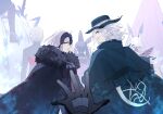  3boys 4girls ahoge animal_ears antonio_salieri_(fate) antonio_salieri_(second_ascension)_(fate) black_cloak black_gloves black_hair cloak edmond_dantes_(fate) fate/grand_order fate_(series) fedora fur-trimmed_cloak fur_trim gloves gorgon_(fate) grey_hair hat hessian_(fate) highres jeanne_d&#039;arc_alter_(avenger)_(fate) jeanne_d&#039;arc_alter_(fate) lobo_(fate) long_hair medusa_(fate) multiple_boys multiple_girls ninjin_(ne_f_g_o) nitocris_(fate) nitocris_alter_(fate) nitocris_alter_(second_ascension)_(fate) pov pov_hands purple_hair reaching riding riding_animal smile striped_suit suit taira_no_kagekiyo_(fate) ushiwakamaru_(fate) very_long_hair walking_away white_background wolf 