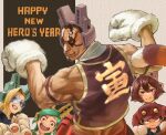  2boys 3girls animal_hands bare_shoulders baseball_cap boku_no_hero_academia cat_paws cat_tail character_request cheekbones child cropped_shirt eye_mask facial_hair flexing goatee goggles green_hair grin happy_new_year hat highres long_hair loose_hair_strand multiple_boys multiple_girls muscular muscular_male new_year paw_pose sleeveless smile tail triceps yomoyama_yotabanashi 