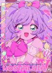  1girl :d absurdres ahoge blue_eyes blush bow cover detached_sleeves english_text food hair_bow hand_up heart highres ice_cream idol_clothes ligne_claire long_hair looking_at_viewer manaka_laala milon_cas open_mouth pink_bow pink_nails pretty_series pripara puffy_detached_sleeves puffy_sleeves purple_hair red_lips retro_artstyle smile solo sparkle twintails upper_body very_long_hair 