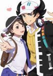  1boy 1girl 50gjuu backpack bag black_eyes black_hair black_hat black_jacket bright_pupils brown_bag collared_shirt commentary_request eyeshadow giacomo_(pokemon) grin hand_up hat headphones heart highres jacket juliana_(pokemon) makeup necktie open_clothes open_jacket pointy_hair poke_ball_print pokemon pokemon_sv purple_necktie purple_shorts shirt shorts smile teeth vest white_background white_hat white_pupils white_shirt yellow_vest 