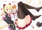  1girl ass azuki_yui azur_lane bangs black_legwear blonde_hair blush breasts cake candy cat_ear_headphones cherry concord_(azur_lane) crossed_ankles eyebrows_visible_through_hair fang feet feet_up food fruit hair_between_eyes hair_ribbon headphones hood hood_down hooded_jacket jacket long_hair long_sleeves medium_breasts mole mole_under_eye mouth_hold one_eye_closed open_clothes open_jacket open_mouth panties pleated_skirt pudding reclining red_eyes red_ribbon ribbon shoes_removed side-tie_panties sidelocks skirt solo star star-shaped_pupils symbol-shaped_pupils thighhighs thighs toes twintails twitter_username underwear v white_panties white_skirt 