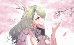  1girl antlers braid branch ceres_fauna ceres_fauna_(1st_costume) cherry_blossoms french_braid green_hair green_nails highres hololive horns long_hair mole mole_under_eye profile profnote smile solo tree upper_body virtual_youtuber yellow_eyes 