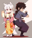  1boy 1girl ahoge albino animal_ears back-to-back belt black_footwear black_pants blue_hairband blue_sash blue_shirt brown_belt brown_hair closed_mouth commentary_request fighting_stance fingerless_gloves floral_print fox_ears fox_girl fox_tail full_body geta gloves hair_ribbon hairband hands_up haori highres jacket japanese_clothes katana kimono light_blush long_hair looking_at_viewer low_ponytail obi ofuda original pants parted_lips pink_jacket red_eyes red_ribbon ribbon sash shirt sidelocks simple_background socks spiked_hair standing sword tabi tail talisman wavy_mouth weapon white_hair white_socks white_tail yellow_kimono yukinagi 