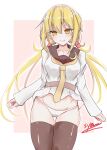 1girl absurdres black_thighhighs blonde_hair collarbone crescent crescent_pin highres kantai_collection long_hair no_pants panties satsuki_(kancolle) shamo_(ptwmjgda) signature smile solo thighhighs twintails underwear white_panties yellow_eyes 