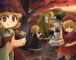  6+girls aki_minoriko aki_shizuha apron autumn blonde_hair bow bowl broom cooking dress eating fire food fruit_hat_ornament hat hat_bow highres holding holding_bowl holding_food kirisame_marisa looking_at_viewer luna_child multiple_girls mushroom orange_hair orientalzenzai outdoors red_apron red_dress red_eyes red_hat rumia shirt short_hair smile sunny_milk sweet_potato touhou tree white_apron white_shirt witch_hat yellow_eyes 