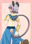  alternate_costume animal_ears back beerus beerus_(cosplay) blush bracer choker cosplay dra dragon_ball dragon_ball_z dragon_ball_z_kami_to_kami from_behind grey_hair mouse_ears mouse_tail nazrin red_eyes short_hair solo sweatdrop tail tail_slit_clothes touhou 