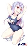  :d alternate_hairstyle arms_behind_head arms_up bad_id bad_twitter_id breasts character_name cleavage collarbone full_body hair_down hair_ornament_removed i-19_(kantai_collection) kantai_collection kneeling large_breasts lavender_hair long_hair looking_away name_tag one-piece_swimsuit open_mouth red_eyes school_swimsuit smile solo souji swimsuit wet 