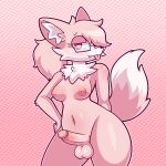 2024 anthro areola balls blush breasts canid canine digital_media_(artwork) eyewear fangs female fennie_(hauntedfennie) fox fur genitals glans glasses hair hand_on_hip heart_eyes heart_symbol hi_res looking_at_viewer mammal mintyspirit neck_tuft nipples nude penis pink_areola pink_body pink_fur pink_glans pink_hair ponytail solo tail teeth tongue tongue_out trans_(lore) trans_woman_(lore) tuft white_body white_fur