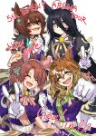  4girls ^^^ ^_^ absurdres agnes_tachyon_(umamusume) ahoge amaxa animal_ears black_hair bow bowtie breasts brown_hair clenched_hand closed_eyes closed_mouth dantsu_flame_(umamusume) ear_covers english_text fang gate_of_infinity_(umamusume) gloves hair_between_eyes hairband highres horse_ears jacket jungle_pocket_(umamusume) long_hair looking_at_viewer manhattan_cafe_(umamusume) medium_breasts multicolored_hair multiple_girls notched_ear one_eye_closed open_mouth ponytail puffy_short_sleeves puffy_sleeves purple_jacket reaching reaching_towards_viewer red_eyes sash short_sleeves small_breasts smile streaked_hair umamusume upper_body v-shaped_eyebrows w white_background white_gloves yellow_eyes 